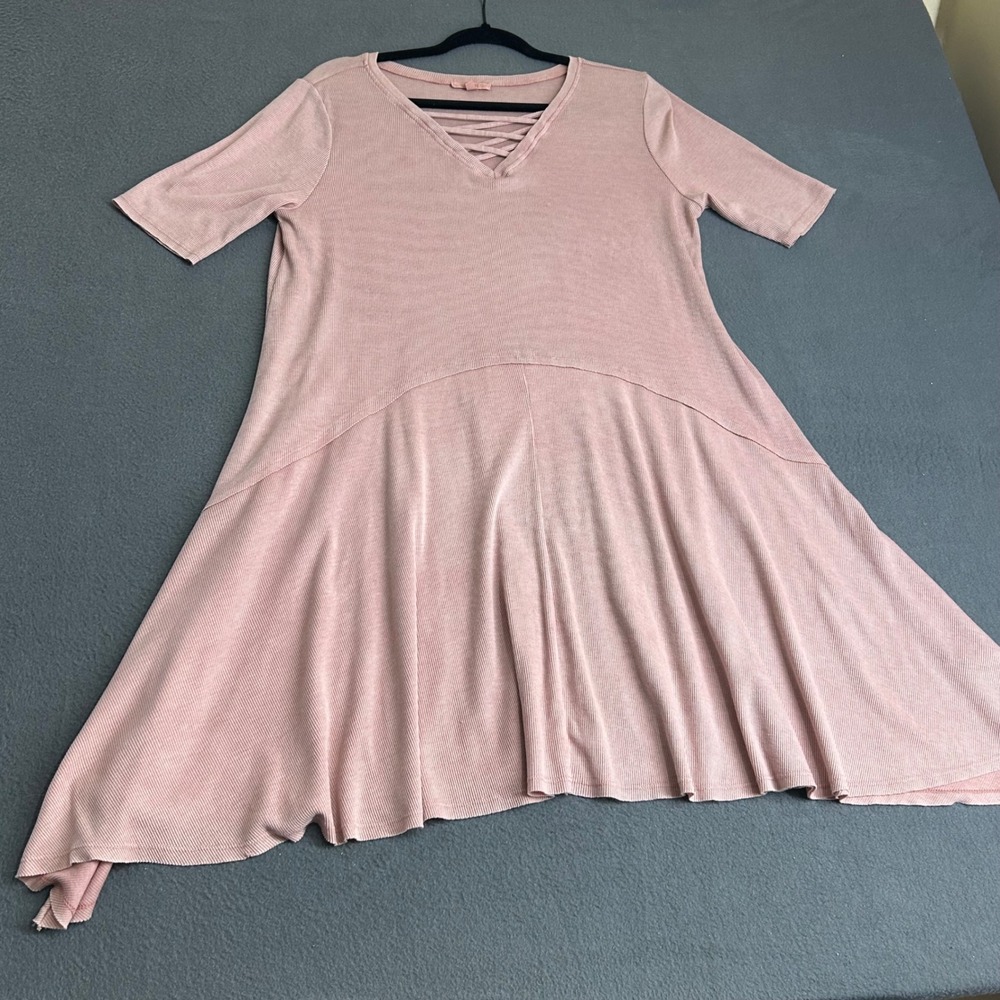 Easel Tunic Dress Womens S Pink Strappy V-Neck‎ Sharkbite Ribbed Knit ED3488